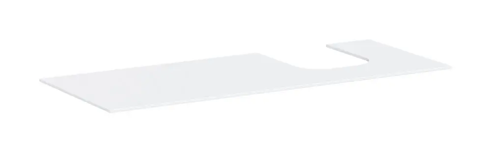 Weiße Konsole von Hansgrohe mit rechteckiger Form und einem seitlichen Ausschnitt. Oberfläche in geschnittenem Design, geeignet für Aufsatzwaschtische.